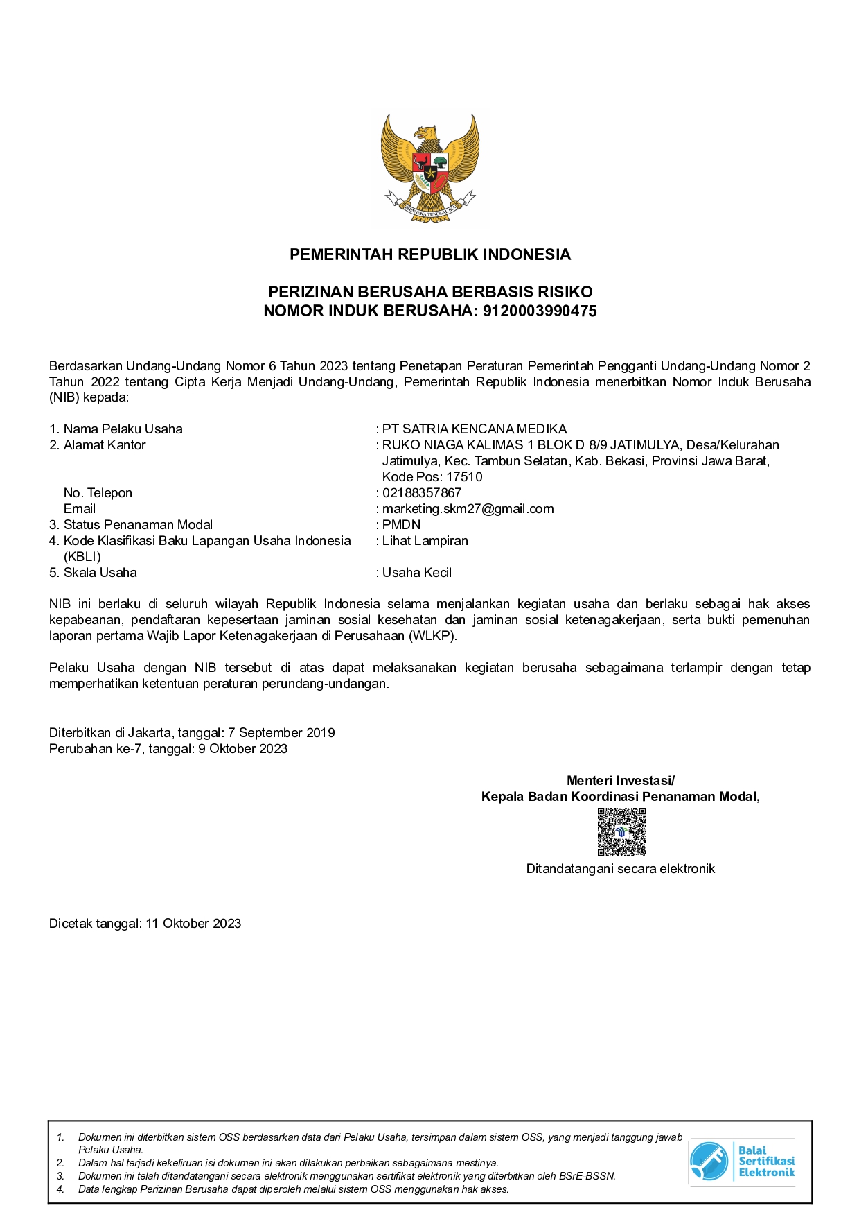 Sertifikasi: NIB PT. SATRIA KENCANA MEDIKA